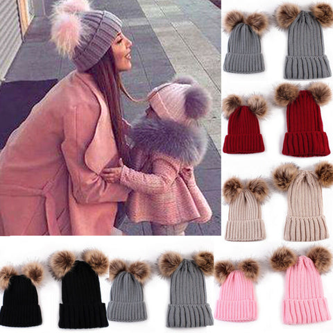 Hot Selling Kids Baby Boy Girl & Mom Winter Knit Warm Soft Beanie Hat Hairball Cap for Adult Children Family Matching Caps Hats