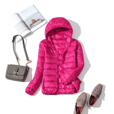 Winter Women 90% Ultra Light Down Jacket White Duck Down Hooded Jacket Long Sleeve Warm Coat Parka Female Solid Portable Outwear