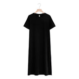 Casual Women Split Long Dress O-neck Short Sleeve Solid blue Summer Cotton T shirt Dress Sales M30465