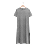 Casual Women Split Long Dress O-neck Short Sleeve Solid blue Summer Cotton T shirt Dress Sales M30465