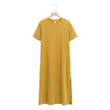 Casual Women Split Long Dress O-neck Short Sleeve Solid blue Summer Cotton T shirt Dress Sales M30465