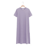 Casual Women Split Long Dress O-neck Short Sleeve Solid blue Summer Cotton T shirt Dress Sales M30465