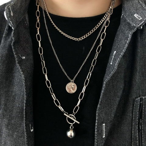New Trendy Metal Ball Coin Cross Pendant Multi-layer Punk  Design Long Chain Necklace For Women men Jewelry Gifts