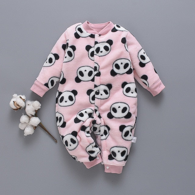 Autumn & Winter Newborn Baby Clothes Dinosaur Print Baby Boy Romper Warm Infant Baby Boy Girl Soft Fleece Jumpsuit Pajamas