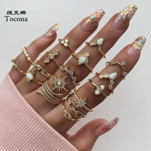 Tocona Boho 17pcs/sets Luxury Clear Crystal Stone wedding Ring Sets for Women Men Water Drop Flowers Sun Geoemtric Jewelry 8920