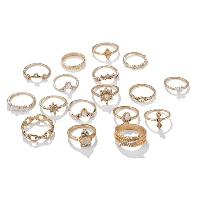 Tocona Boho 17pcs/sets Luxury Clear Crystal Stone wedding Ring Sets for Women Men Water Drop Flowers Sun Geoemtric Jewelry 8920