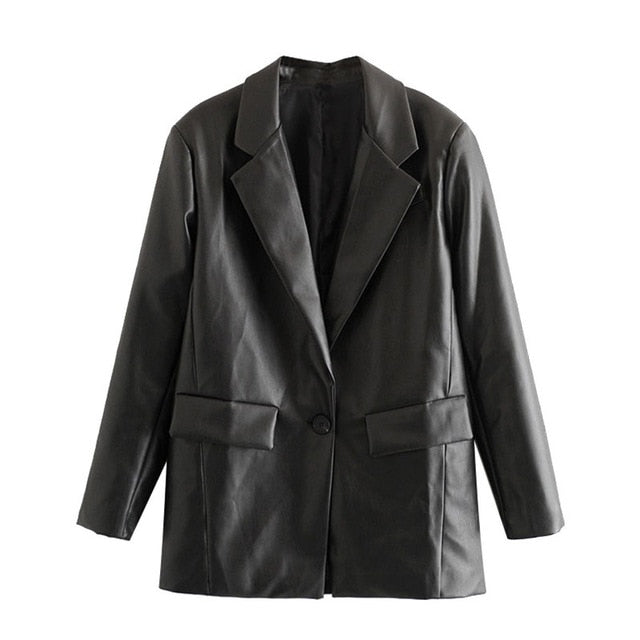 KPYTOMOA Women 2020 Fashion PU Faux Leather Loose Blazer Coat Vintage Pockets Long Sleeve Back Vents Female Outerwear Chic Tops