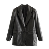KPYTOMOA Women 2020 Fashion PU Faux Leather Loose Blazer Coat Vintage Pockets Long Sleeve Back Vents Female Outerwear Chic Tops