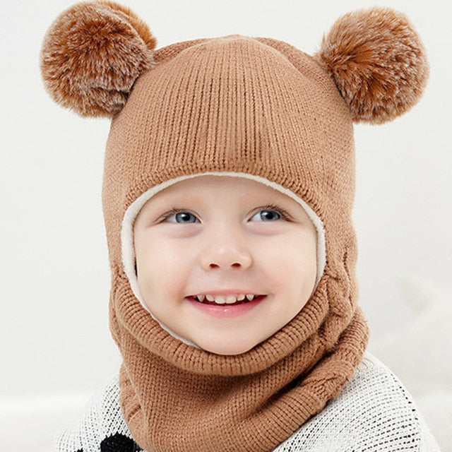 Kids Winter Hats Ears Girls Boys Children Warm Caps Scarf Set Baby Bonnet Enfant Knitted Cute Hat for Girl Boy 1D18