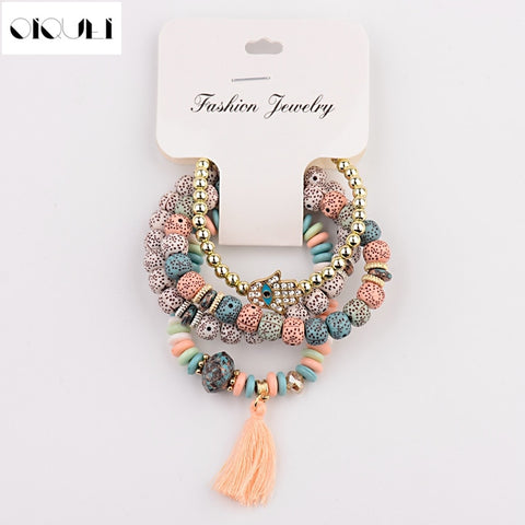OIQUEI Vintage 4Pcs/Lot Women Bracelets Set Bohemia Charm CZ Hand Natural Stone Beads Tassel Pendents Bracelets Pour Les Femmes