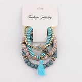 OIQUEI Vintage 4Pcs/Lot Women Bracelets Set Bohemia Charm CZ Hand Natural Stone Beads Tassel Pendents Bracelets Pour Les Femmes