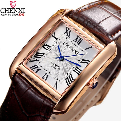Luxury Brand Chenxi Men Women Casual Quartz Watches Retro Square Design Roman numerals Minimalism Leather Strap Dress Watch