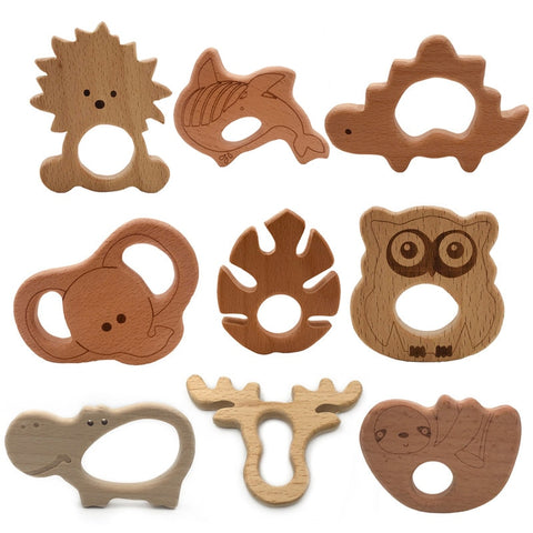 Baby Wooden Teethers Food Grade Beech Wood Animal Tortoise Koala Whale Turtle Wooden Shape Pacifier Wooden Teether Newborn Toys