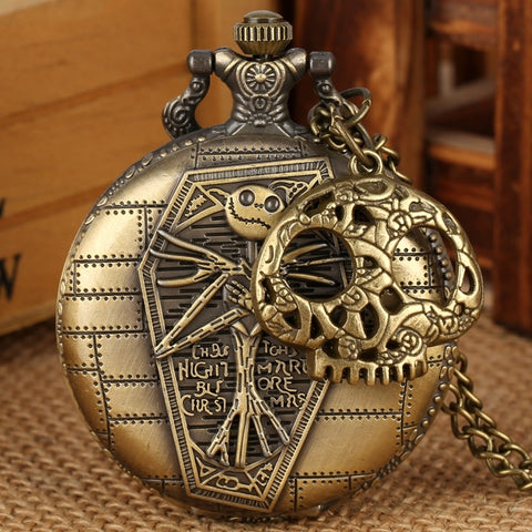 Tim Burton Necklace Clock The Nightmare Before Christmas Quartz Pocket Watch Jack Skellington  Pendant Hour with Skull Accessory