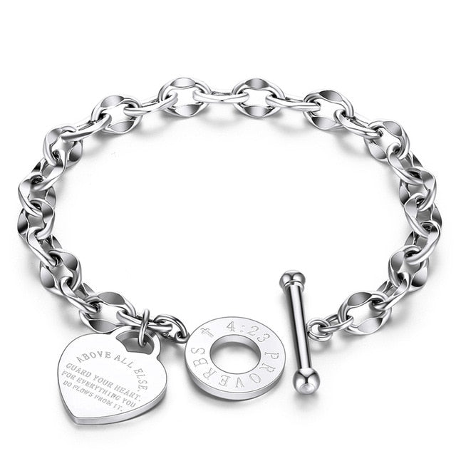 Stainless Steel Love Heart Bracelets For Women Party Gift Fashion Joyas de Chain Charm Bracelets Jewelry Wholesale Text Engraved