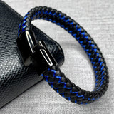 Fashion Braided Black Blue Leather Bracelet Men Stainless Steel Magnetic Clasp Charm Bangles Male Wrist Band Gifts