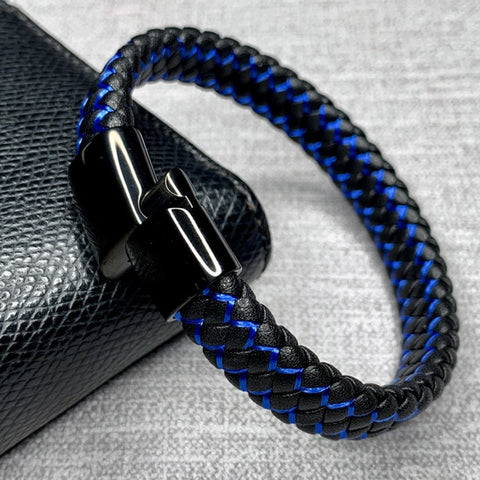 Fashion Braided Black Blue Leather Bracelet Men Stainless Steel Magnetic Clasp Charm Bangles Male Wrist Band Gifts