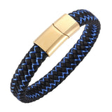 Fashion Braided Black Blue Leather Bracelet Men Stainless Steel Magnetic Clasp Charm Bangles Male Wrist Band Gifts