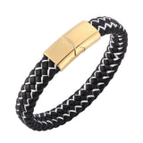 Fashion Braided Black Blue Leather Bracelet Men Stainless Steel Magnetic Clasp Charm Bangles Male Wrist Band Gifts