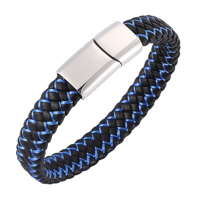 Fashion Braided Black Blue Leather Bracelet Men Stainless Steel Magnetic Clasp Charm Bangles Male Wrist Band Gifts