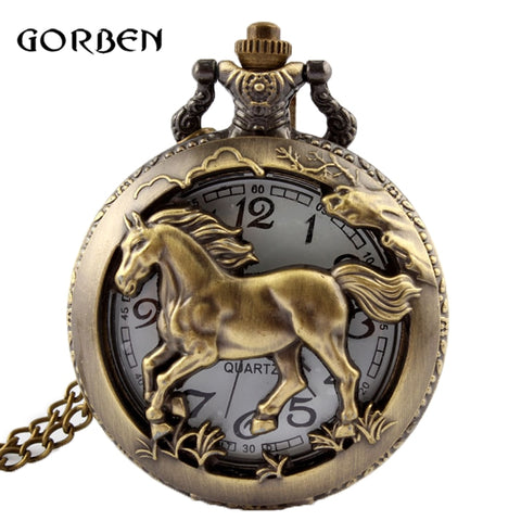 Antique Bronze Orologio Taschino Horse Hollow Quartz Pocket Watch Necklace Chain Pendant Womens Men Watches Gifts
