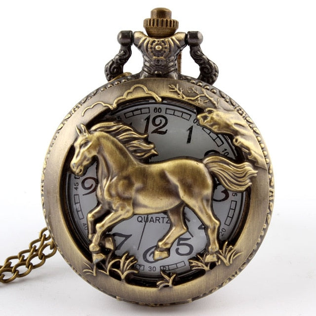 Antique Bronze Orologio Taschino Horse Hollow Quartz Pocket Watch Necklace Chain Pendant Womens Men Watches Gifts