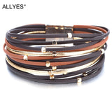 ALLYES Metal Beads Genuine Leather Bracelets For Women 2020 Fashion Slim Strips Boho Multilayer Wide Wrap Bracelet Femme Jewelry