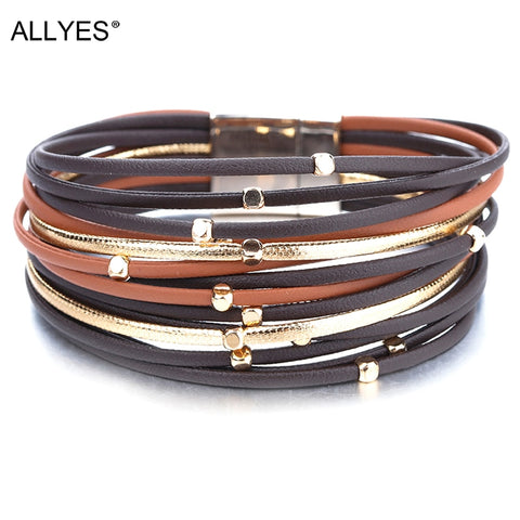 ALLYES Metal Beads Genuine Leather Bracelets For Women 2020 Fashion Slim Strips Boho Multilayer Wide Wrap Bracelet Femme Jewelry