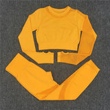 Yoga Set Women Sport Suit Gym Clothes 2 Piece Seamless Hollow Out Fitness Long Sleeve Crop Top High Waist Workout Leggings