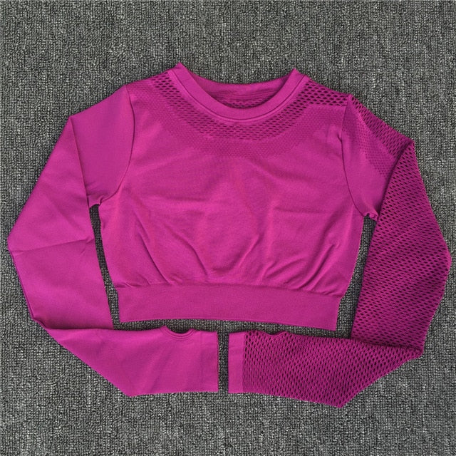 Yoga Set Women Sport Suit Gym Clothes 2 Piece Seamless Hollow Out Fitness Long Sleeve Crop Top High Waist Workout Leggings