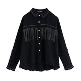 Vintage Stylish Fringe Beaded Loose Denim Jacket Coat Women 2020 Fashion Long Sleeve Frayed Trim Ladies Outerwear Chaqueta Mujer