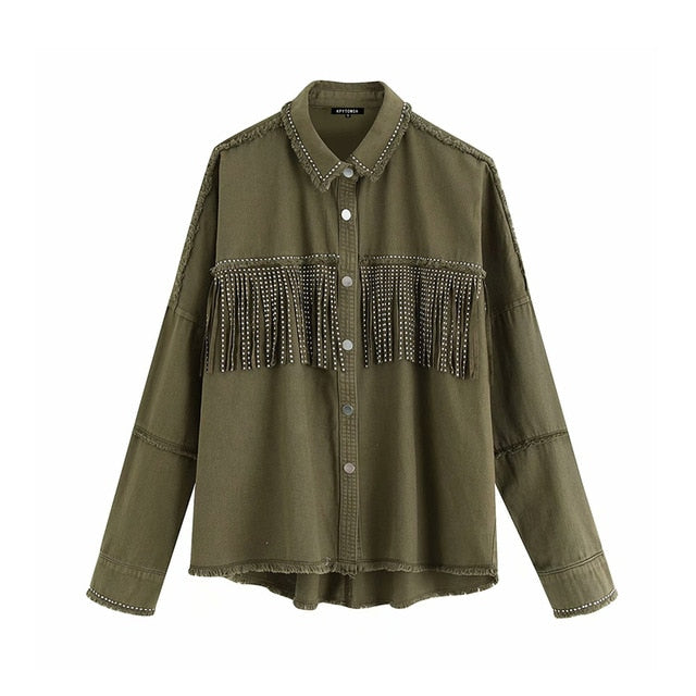 Vintage Stylish Fringe Beaded Loose Denim Jacket Coat Women 2020 Fashion Long Sleeve Frayed Trim Ladies Outerwear Chaqueta Mujer