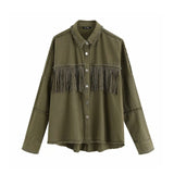 Vintage Stylish Fringe Beaded Loose Denim Jacket Coat Women 2020 Fashion Long Sleeve Frayed Trim Ladies Outerwear Chaqueta Mujer