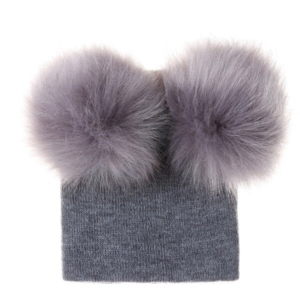 Cute Baby Kids Winter Hat Knitted Warm Double Fur Pompom Caps Beanies Boys Girls Pom Pom hats Children Solid Cap Bonnet Gorro