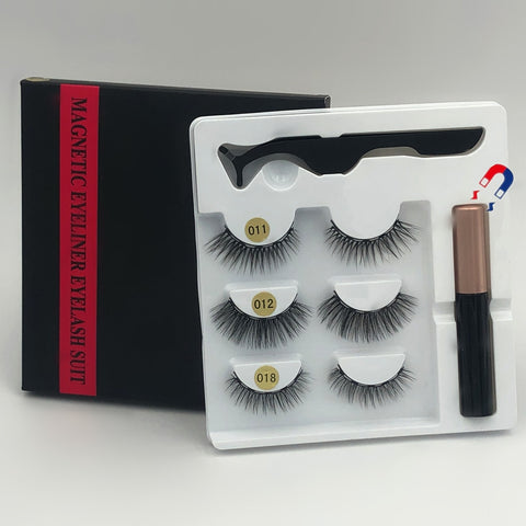 Makeup 3 pairs of magnetic eyelashes + liquid eyeliner + tweezers, waterproof long lasting eyelash extension eyelash set