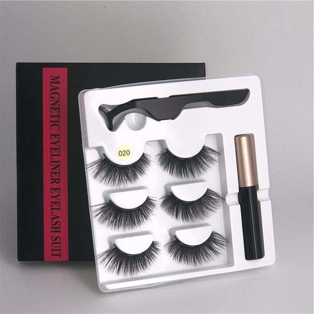Makeup 3 pairs of magnetic eyelashes + liquid eyeliner + tweezers, waterproof long lasting eyelash extension eyelash set