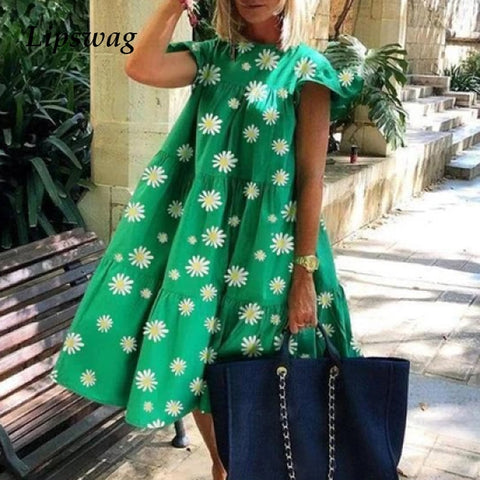 Casual Loose Plus Size Women Dress Retro Petal Short Sleeve A-Line Dress Summer Elegant O-Neck Daisy Print Party Dress Vestidos