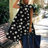 Casual Loose Plus Size Women Dress Retro Petal Short Sleeve A-Line Dress Summer Elegant O-Neck Daisy Print Party Dress Vestidos