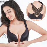 Weseelove Plus Size Sexy Push Up Bra Front Closure Butterfly Brassiere Backless Bralette Breast Seamless Bras for Women D E 120