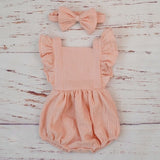 Organic Cotton Baby Girl Clothes Summer New Double Gauze Kids Ruffle Romper Jumpsuit Headband Dusty Pink Playsuit For Newborn 3M