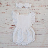 Organic Cotton Baby Girl Clothes Summer New Double Gauze Kids Ruffle Romper Jumpsuit Headband Dusty Pink Playsuit For Newborn 3M
