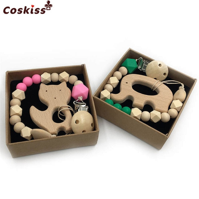 2pc Baby Teether Organic Wooden Animal Teether Natural Teething Grasping Toy Silicone Bead Toddler Teether Newborn DIY Baby Gift