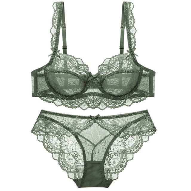 TERMEZY ultra-thin cup sexy lace underwear transparent bra Set Bow decoration Lingerie Comfortable Brassiere and Panties set
