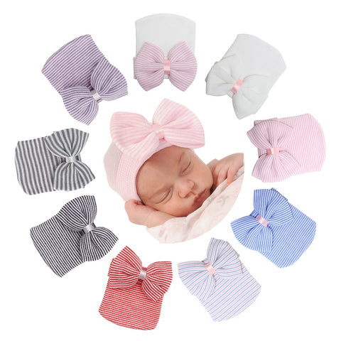 Big Bows Hospital Chiffon Newborn Hats Knitted Soft New Born Nursing Beanie Hat Photo Props Newborn Accessories for 0-6M Girls