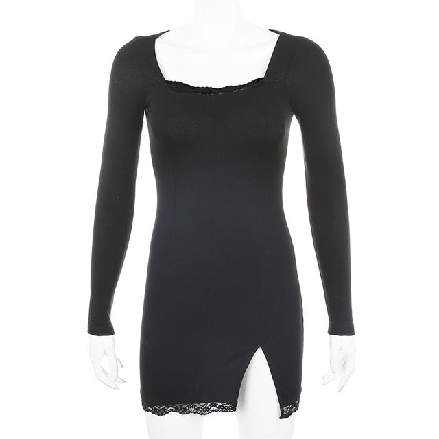 2020 Autumn Spring Women Sexy Lace Patchwork Long Sleeve Split Dress Hip Package Mini Vestido Party Club Low Chest Outfits Cloth