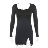 2020 Autumn Spring Women Sexy Lace Patchwork Long Sleeve Split Dress Hip Package Mini Vestido Party Club Low Chest Outfits Cloth