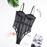 ArtSu Metal Chain Straps Backless Bodysuit Black Mesh Transparent Bodysuit Bralette Women Bodycon Jumpsuit Club Party ASJU601202