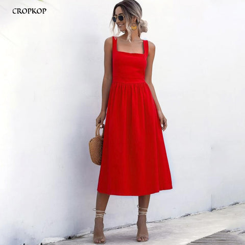 Women Long Dress Summer Sexy Backless Casual White Black Ruched Slip Midi Sundresses 2020 Ladies Pleated Spaghetti Strap Clothes