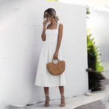 Women Long Dress Summer Sexy Backless Casual White Black Ruched Slip Midi Sundresses 2020 Ladies Pleated Spaghetti Strap Clothes