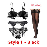 Sexy lace thin cotton cup breast bra set (bra+panty+garter belt +stocking) 4pieces/lots Lingerie Set